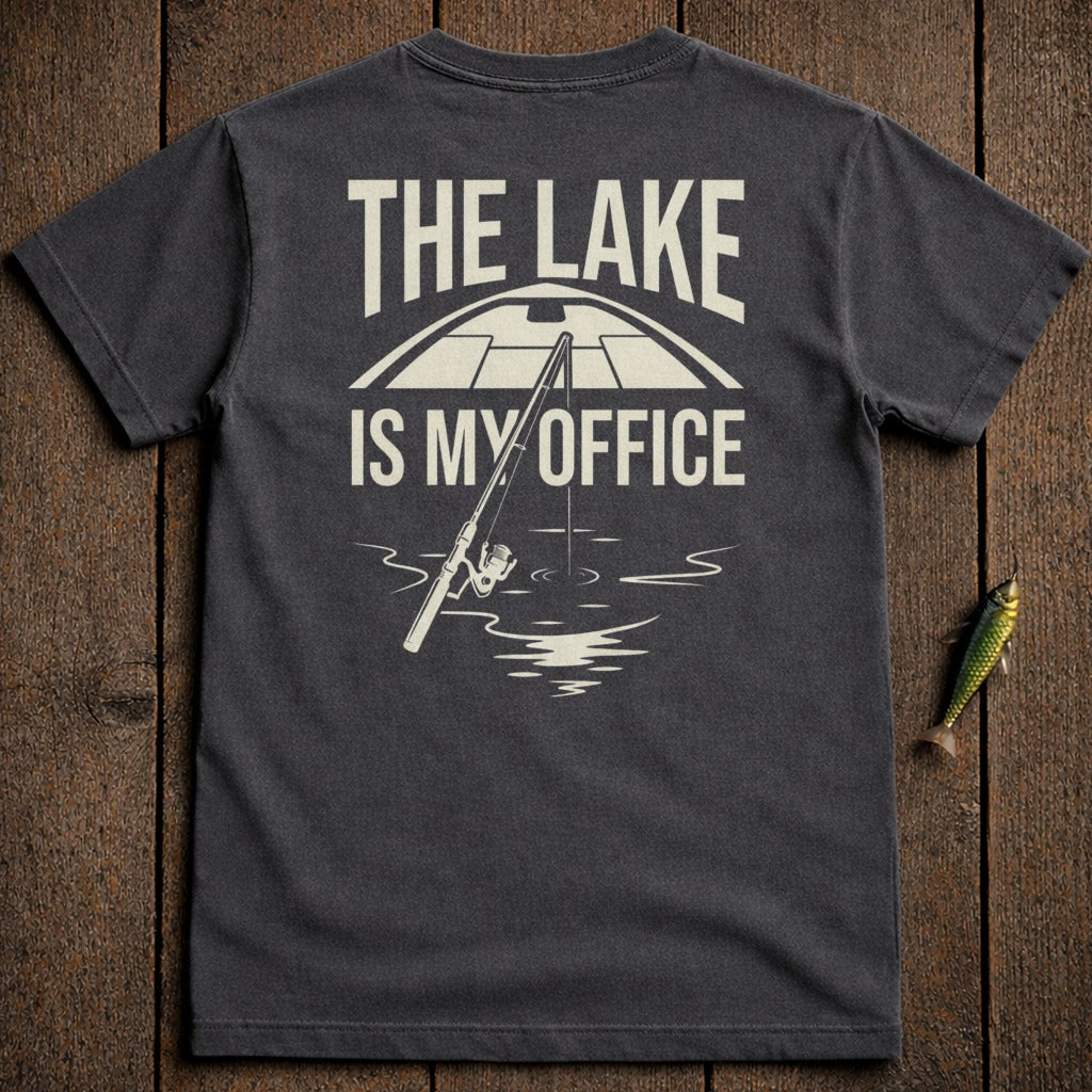 Dark t-shirt with "THE LAKE IS MY OFFICE" and fishing graphic.