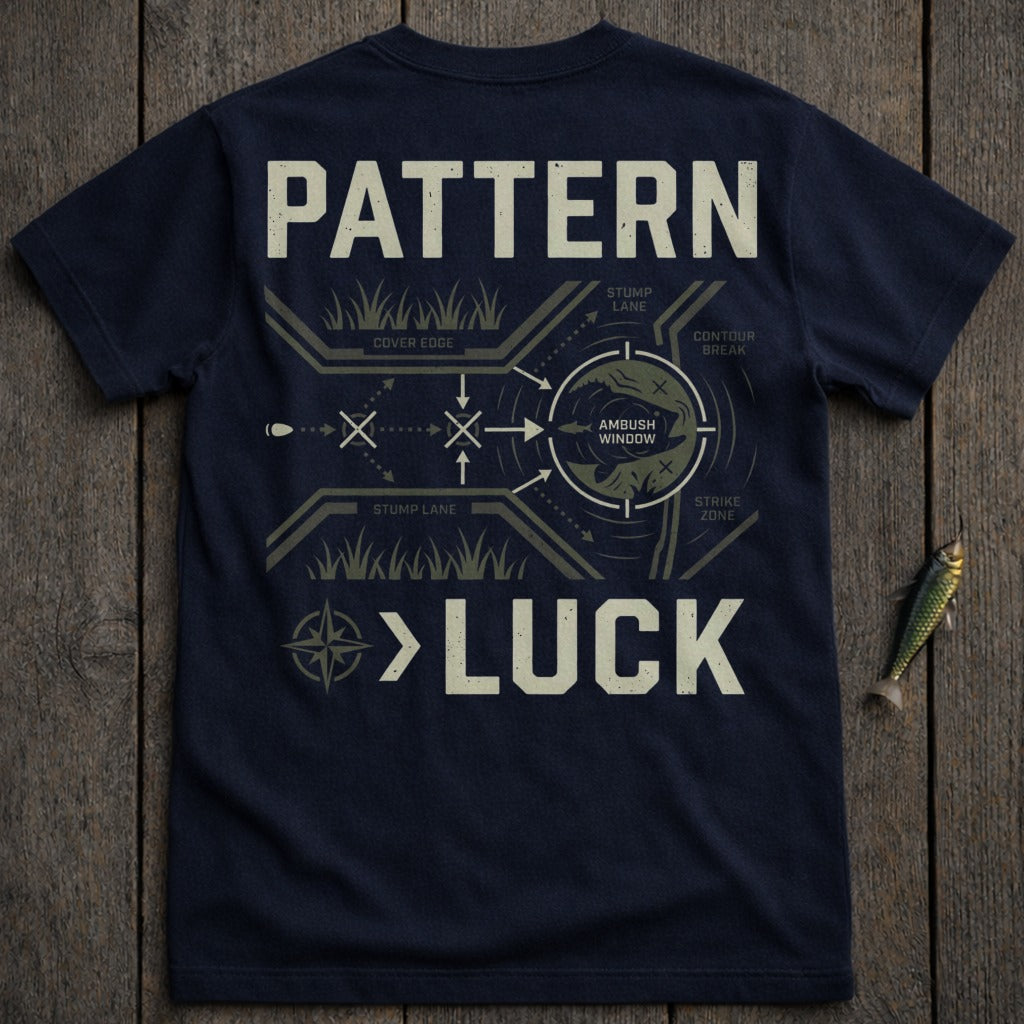 Dark t-shirt with "PATTERN" and "LUCK" graphics depicting hunting strategy.
