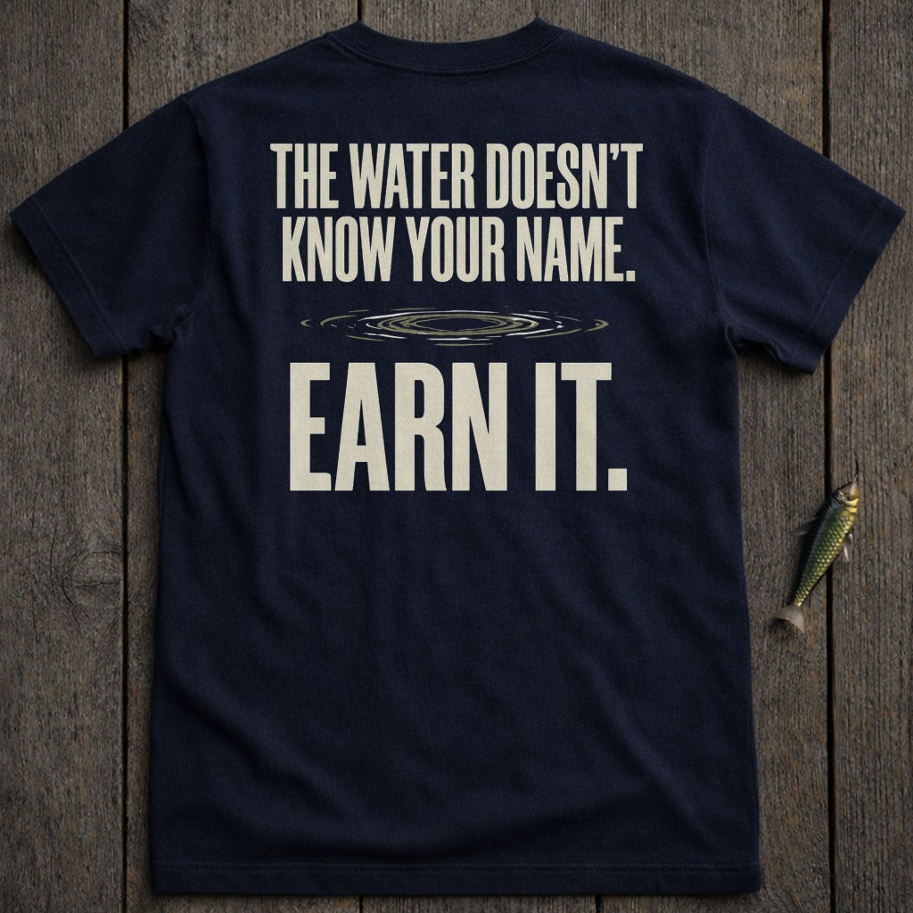Navy t-shirt with "The water doesn't know your name. Earn it." text.