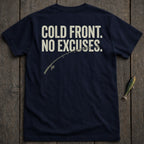 Navy t-shirt with "COLD FRONT. NO EXCUSES." and a fishing rod graphic.