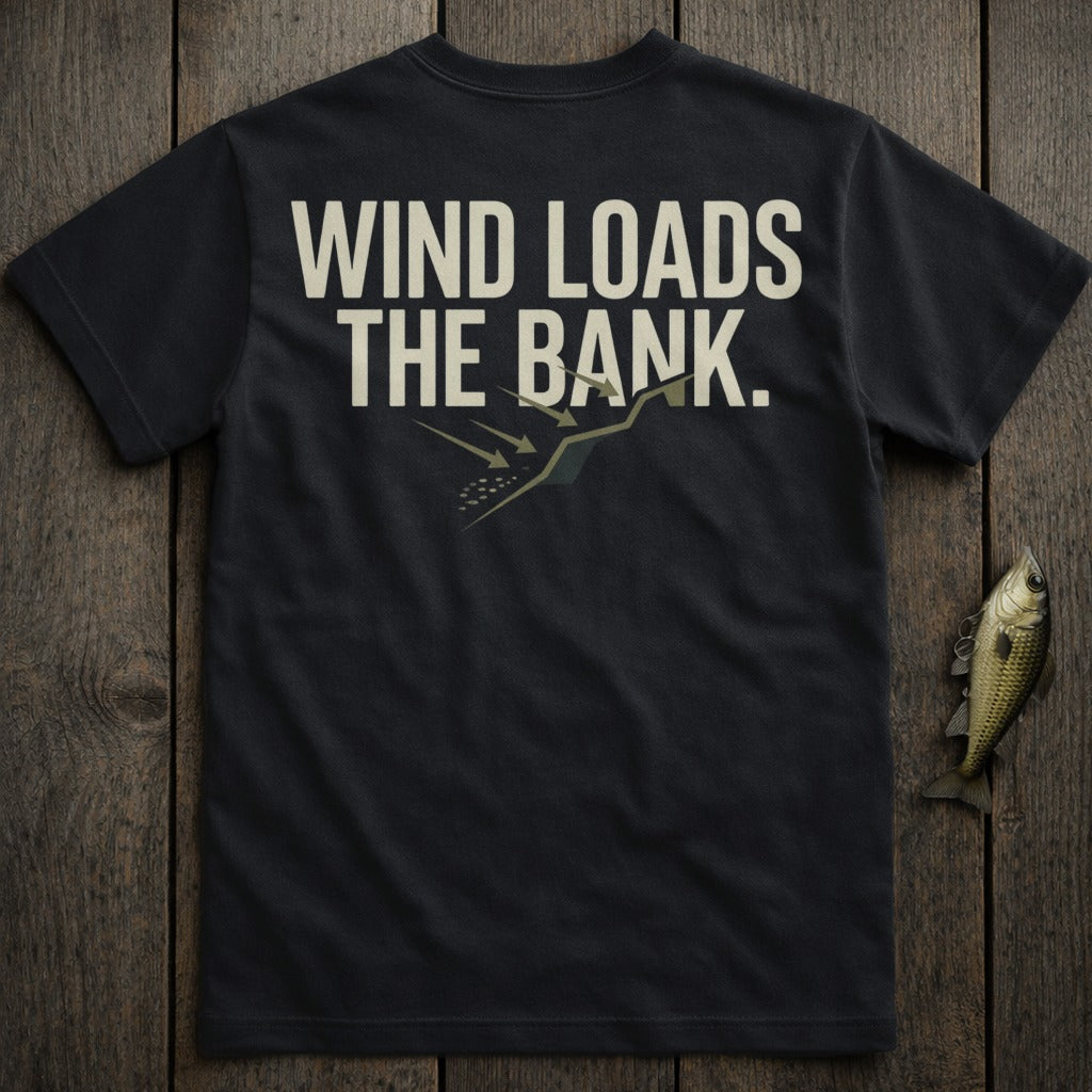 Black t-shirt with "Wind Loads the Bank" text and a fish illustration.