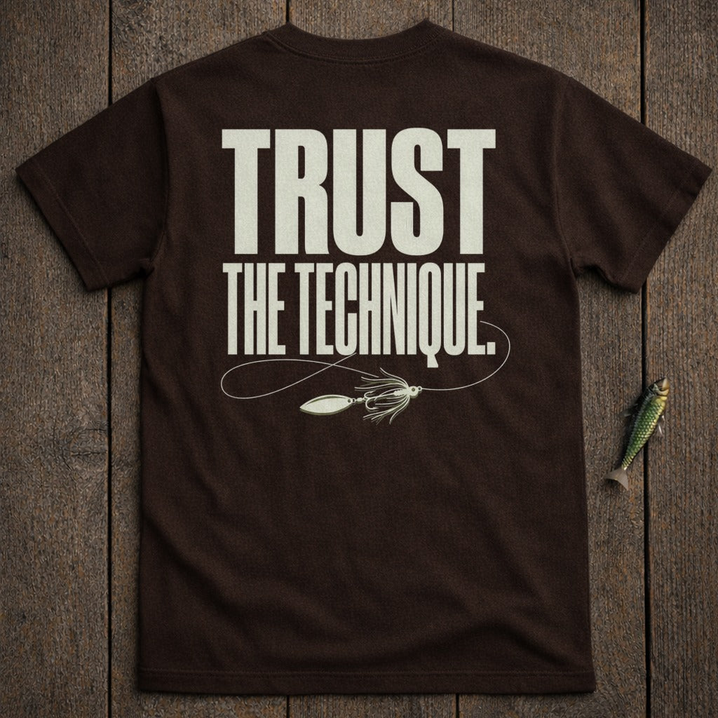 Brown t-shirt with "TRUST THE TECHNIQUE." and a fishing lure.