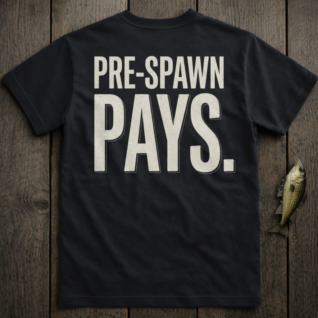 Black t-shirt with "PRE-SPAWN PAYS." text and a small fish.