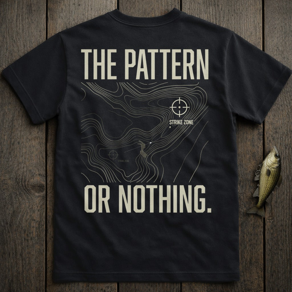 Black t-shirt with topographic map graphic and text "THE PATTERN OR NOTHING."