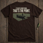 Brown t-shirt with text and graphic of a person fishing from a boat.