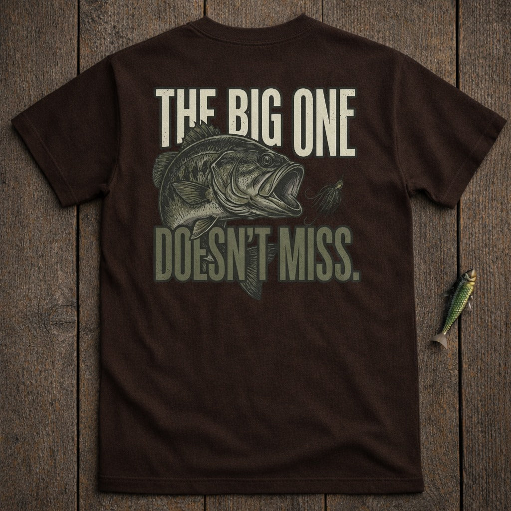 Brown t-shirt with bass graphic and text "THE BIG ONE DOESN'T MISS."