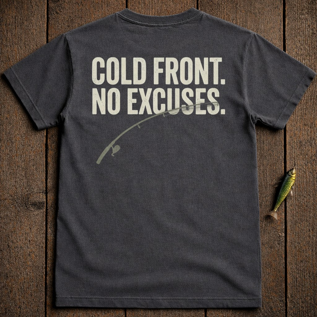 Dark t-shirt with white text "COLD FRONT. NO EXCUSES." and a fishing rod.