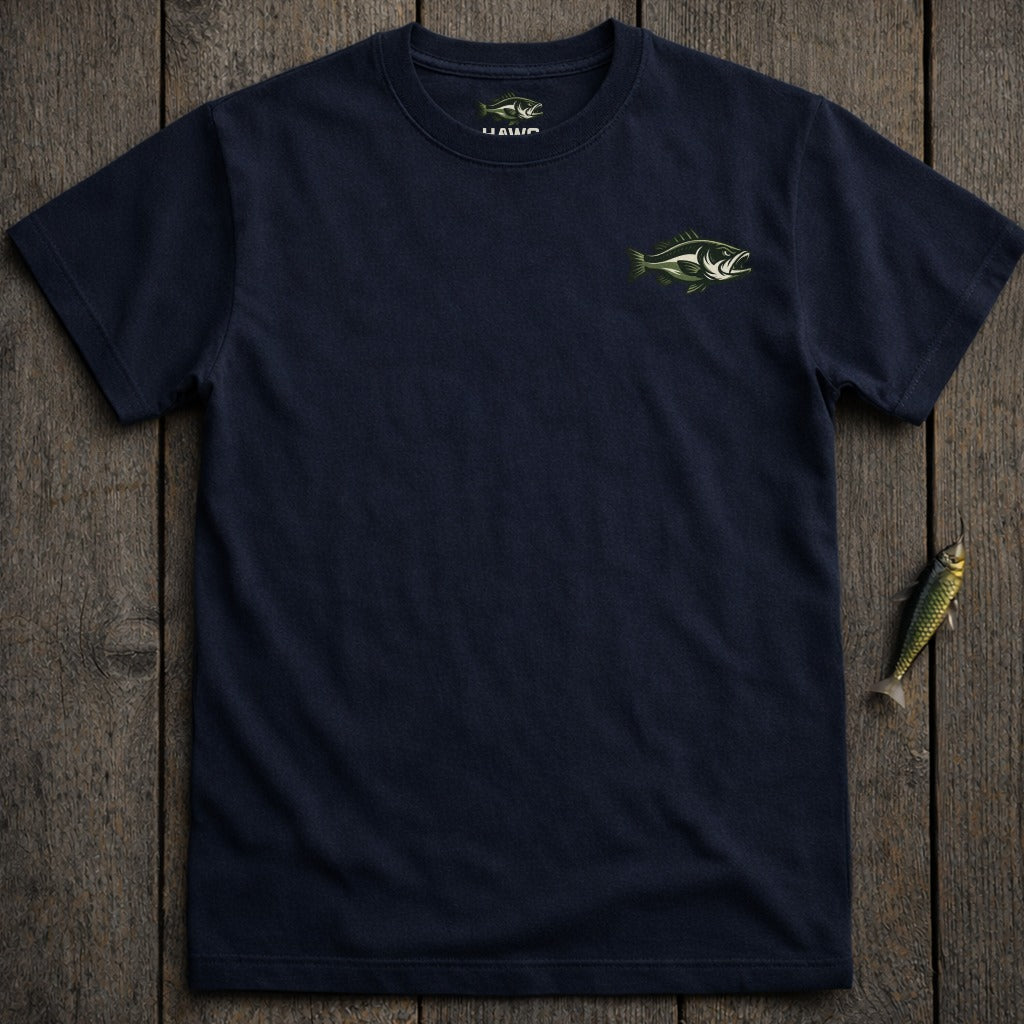 Navy blue t-shirt with a green bass graphic on the left chest and a small wooden fish accent.