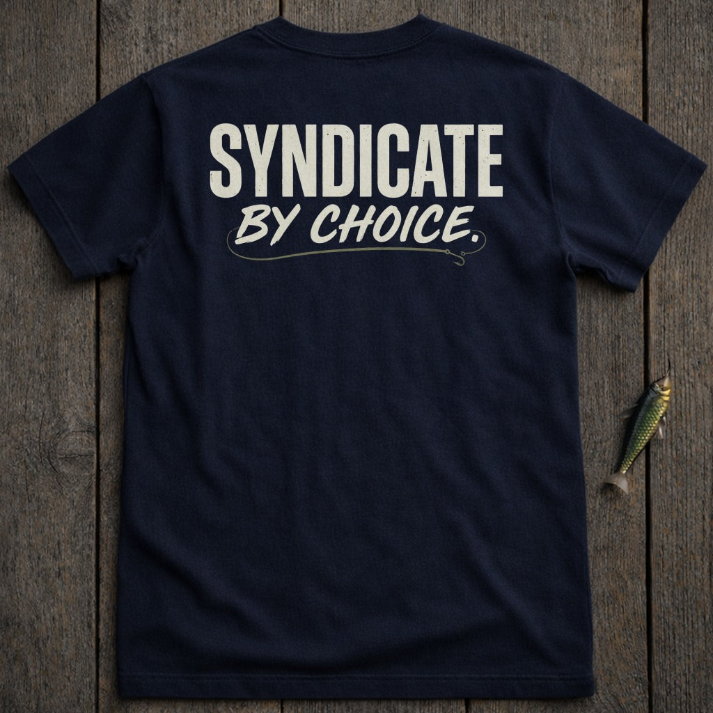 Navy t-shirt with "SYNDICATE BY CHOICE." printed in white text.