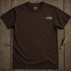 Brown t-shirt with a bass fish graphic on the left chest.