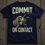 Navy t-shirt with "COMMIT ON CONTACT" and a fishing rod graphic.