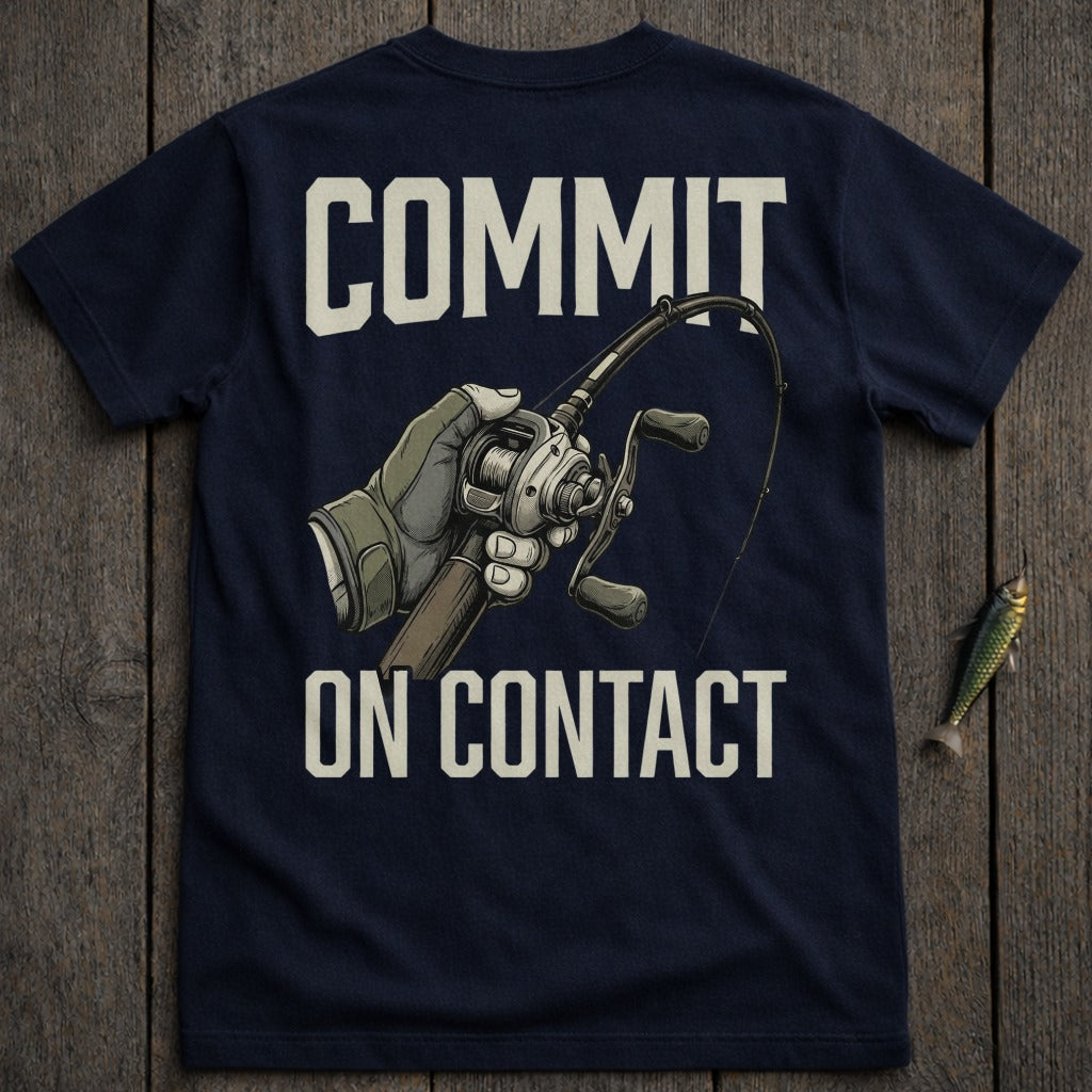 Navy t-shirt with "COMMIT ON CONTACT" and a fishing rod graphic.