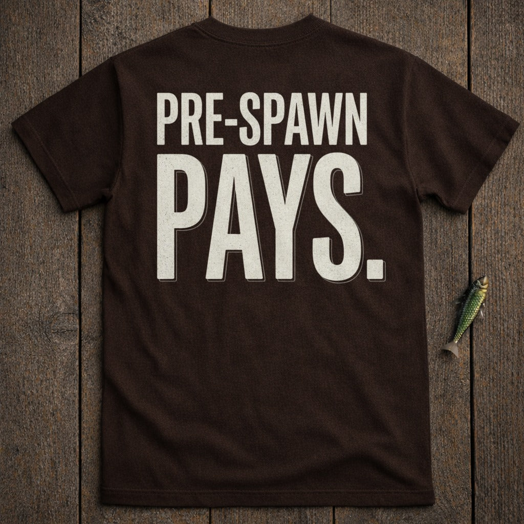 Brown t-shirt with "PRE-SPAWN PAYS." text on the back.