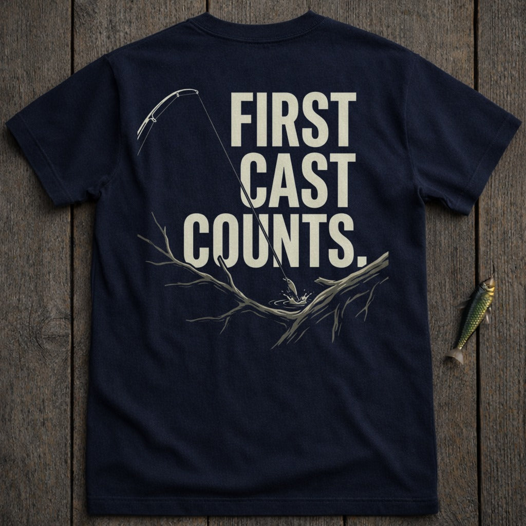 Navy t-shirt with "FIRST CAST COUNTS." text and fishing graphic.