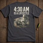 T-shirt with "4:30 AM IS A LIFESTYLE" and fishing reel graphic.