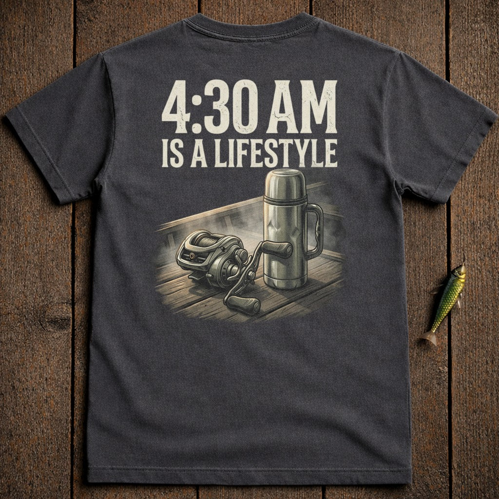 T-shirt with "4:30 AM IS A LIFESTYLE" and fishing reel graphic.