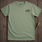 Green t-shirt with a bass fish logo on the left chest.