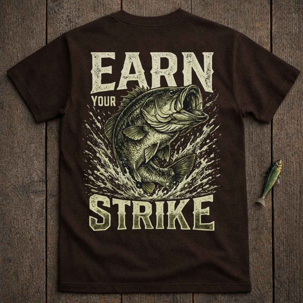 Brown t-shirt with bass leaping from water and text "EARN YOUR STRIKE".