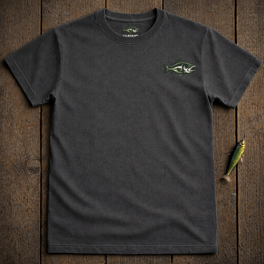 Dark gray t-shirt with a green bass fish graphic on the left chest.