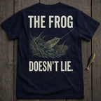 Dark t-shirt with a frog and fishing lure, text reads "The Frog Doesn't Lie."