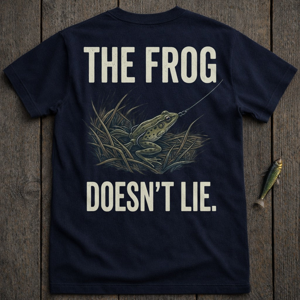 Dark t-shirt with a frog and fishing lure, text reads "The Frog Doesn't Lie."
