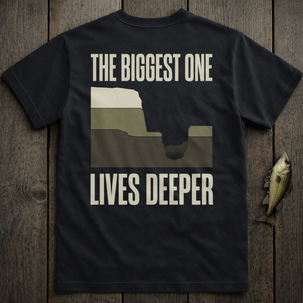 Black t-shirt with "THE BIGGEST ONE LIVES DEEPER" text and fishing lure graphic.