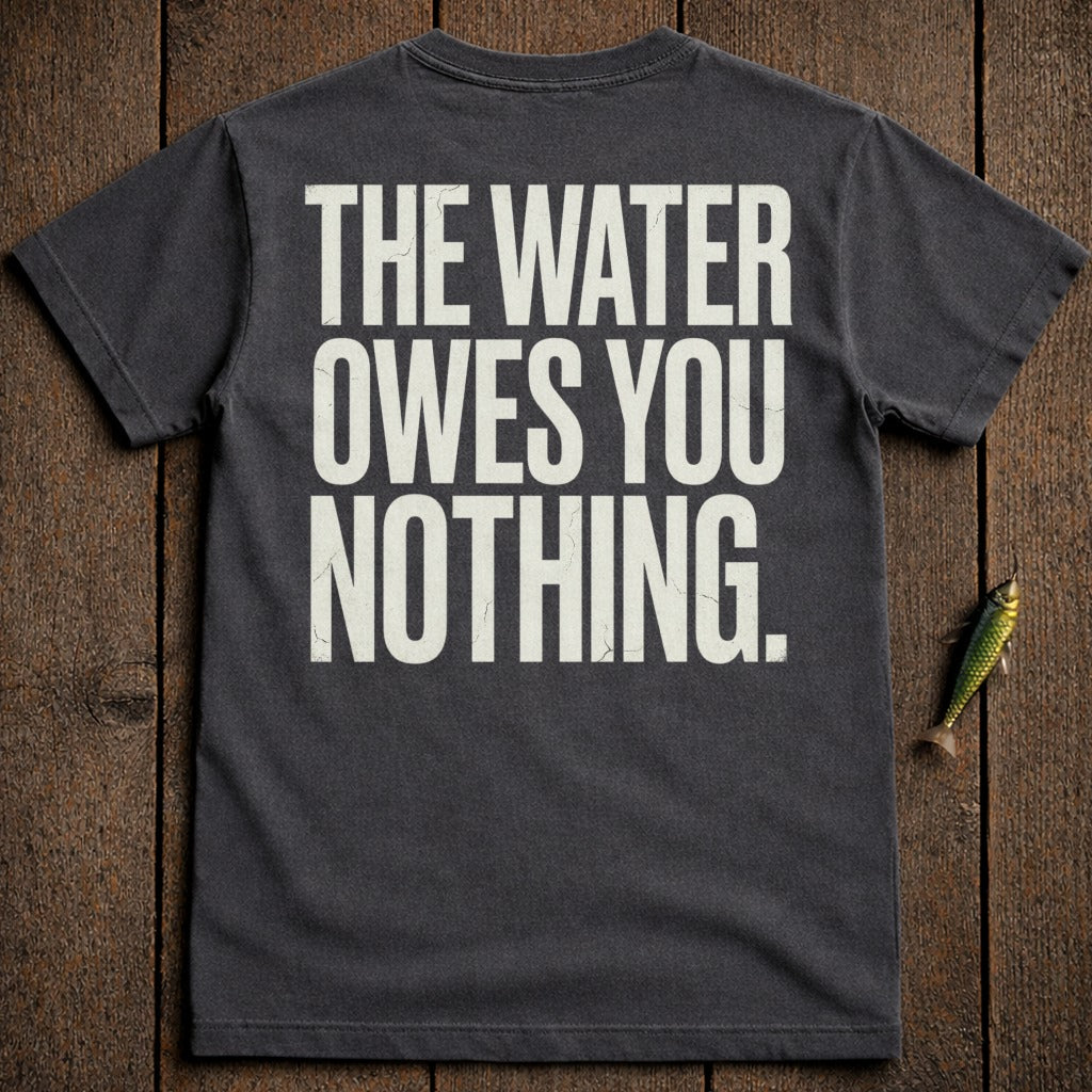 Dark grey t-shirt with "THE WATER OWES YOU NOTHING." text.