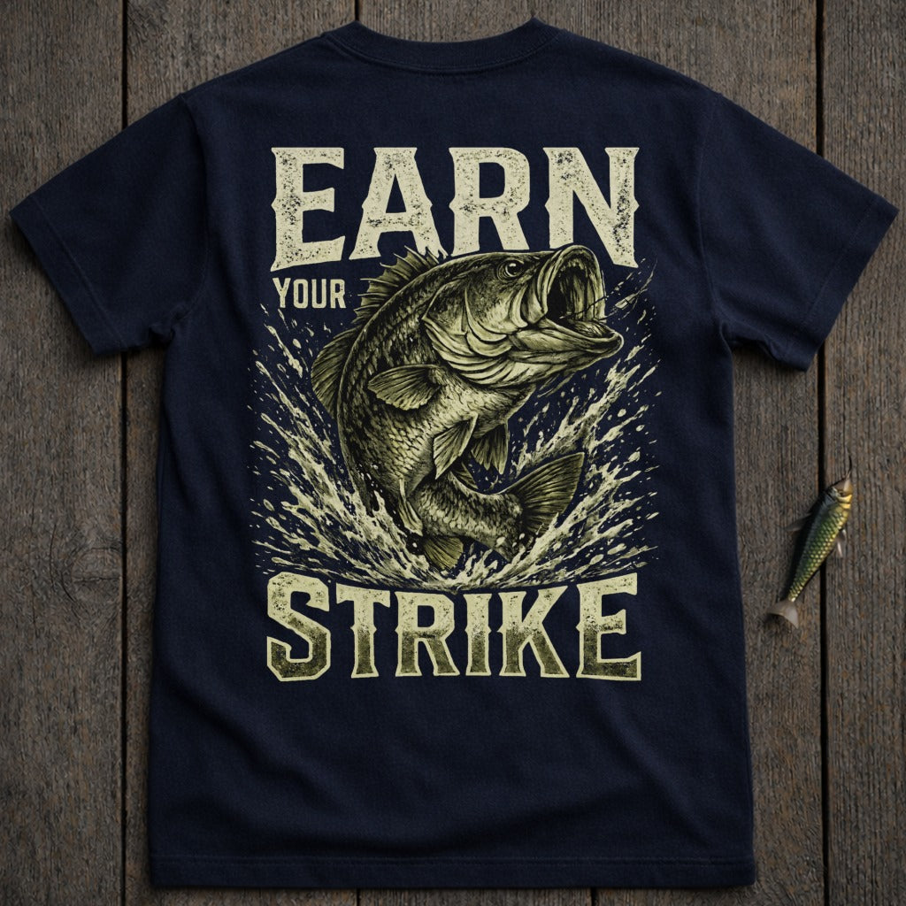 Dark t-shirt with a largemouth bass jumping from water, text "EARN YOUR STRIKE".