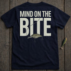 Navy t-shirt with "MIND ON THE BITE" text and fishing lure graphic.