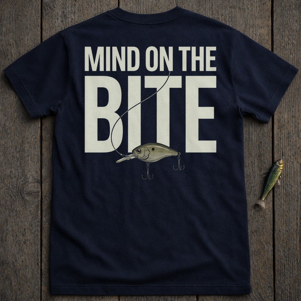 Navy t-shirt with "MIND ON THE BITE" text and fishing lure graphic.