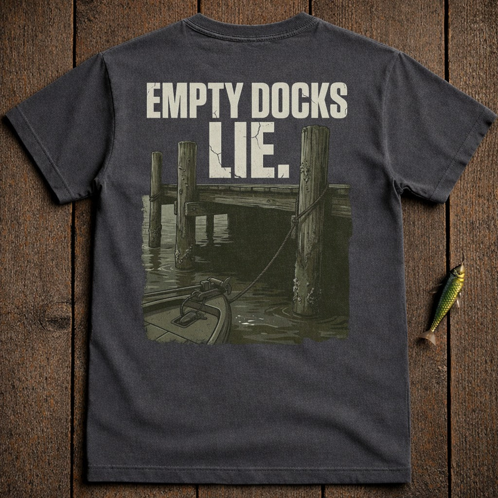 T-shirt with "EMPTY DOCKS LIE." text over a dock with a boat.