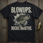 Black t-shirt with bass leaping from water, text reads "BLOWUPS. BUCKETMOUTHS."