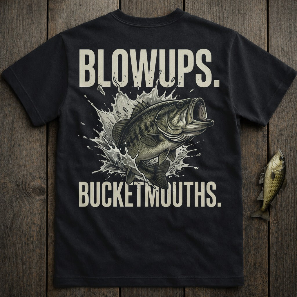 Black t-shirt with bass leaping from water, text reads "BLOWUPS. BUCKETMOUTHS."