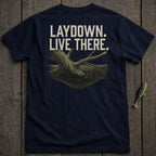 Navy t-shirt with "LAYDOWN. LIVE THERE." text and tree trunk in water graphic.