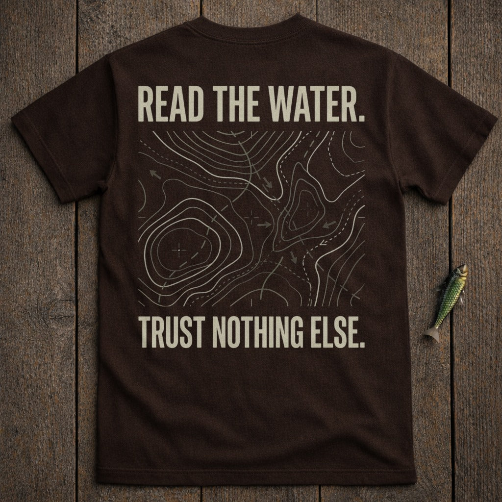 Brown t-shirt with "READ THE WATER. TRUST NOTHING ELSE." and topographical map design.