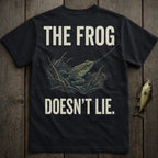 Black t-shirt with "THE FROG DOESN'T LIE" and frog fishing graphic.