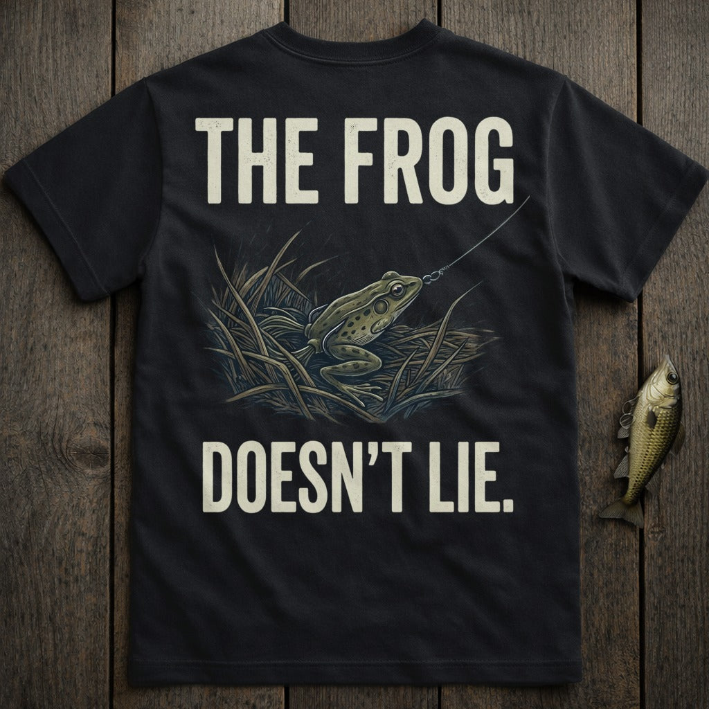 Black t-shirt with "THE FROG DOESN'T LIE" and frog fishing graphic.
