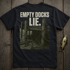 Dark t-shirt with "EMPTY DOCKS LIE" graphic of wooden pilings and a boat.
