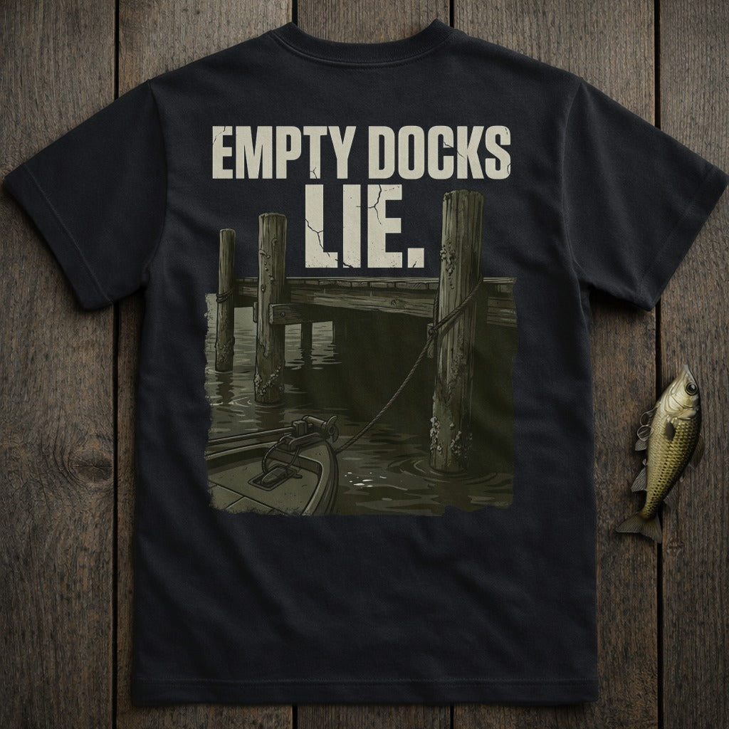 Dark t-shirt with "EMPTY DOCKS LIE" graphic of wooden pilings and a boat.