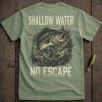 T-shirt with a bass fish jumping from water with text "Shallow Water No Escape".