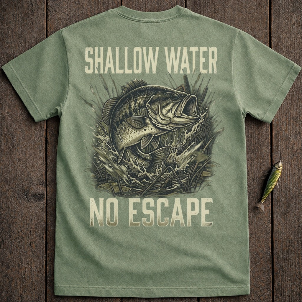T-shirt with a bass fish jumping from water with text "Shallow Water No Escape".