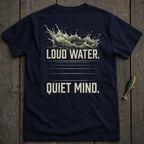 Navy t-shirt with "LOUD WATER. QUIET MIND." text and splash graphic.