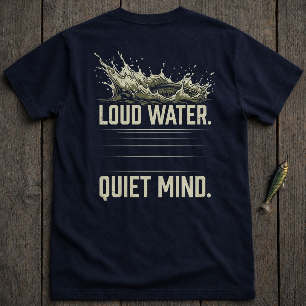 Navy t-shirt with "LOUD WATER. QUIET MIND." text and splash graphic.