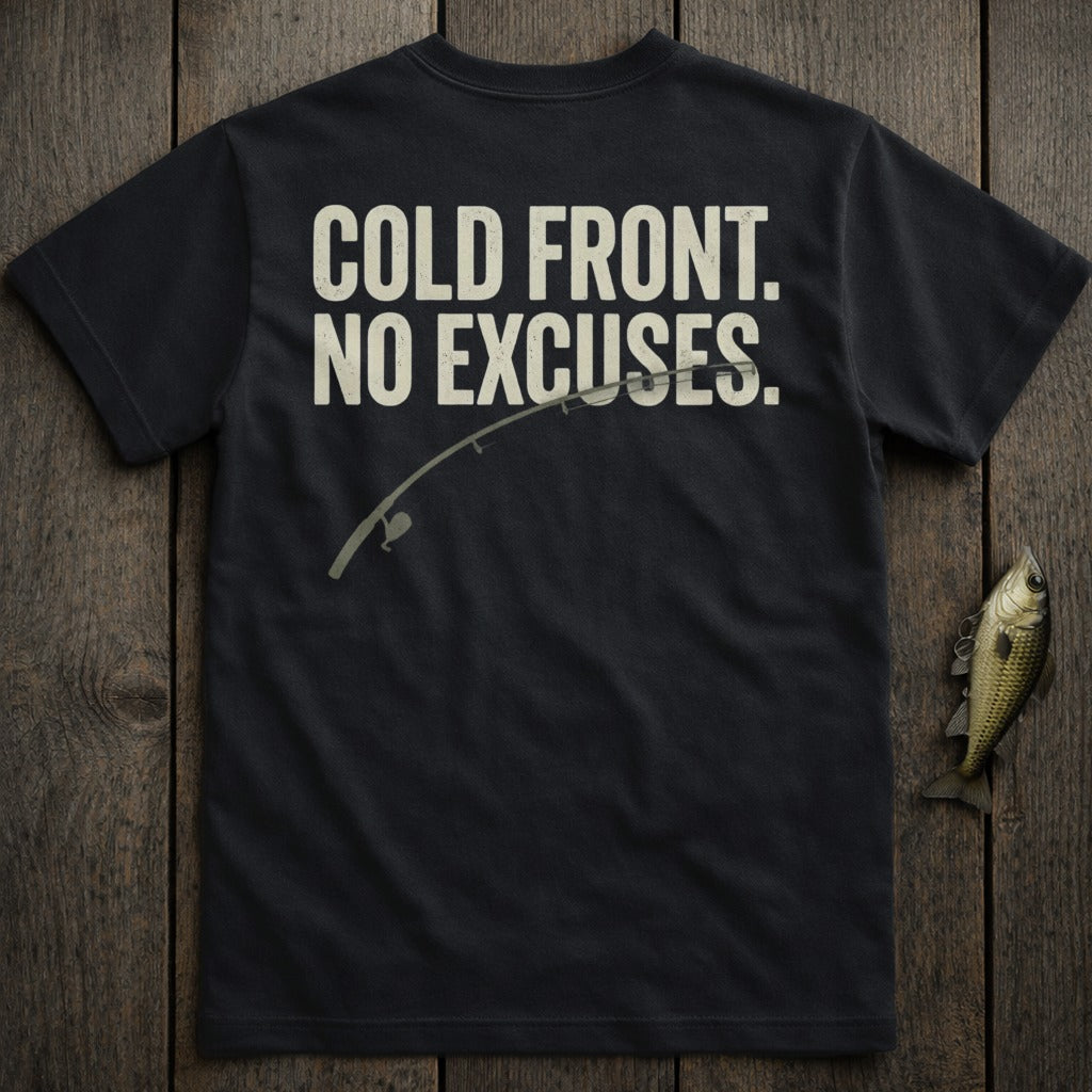 Black t-shirt with "Cold Front. No Excuses." text and a fishing rod graphic.
