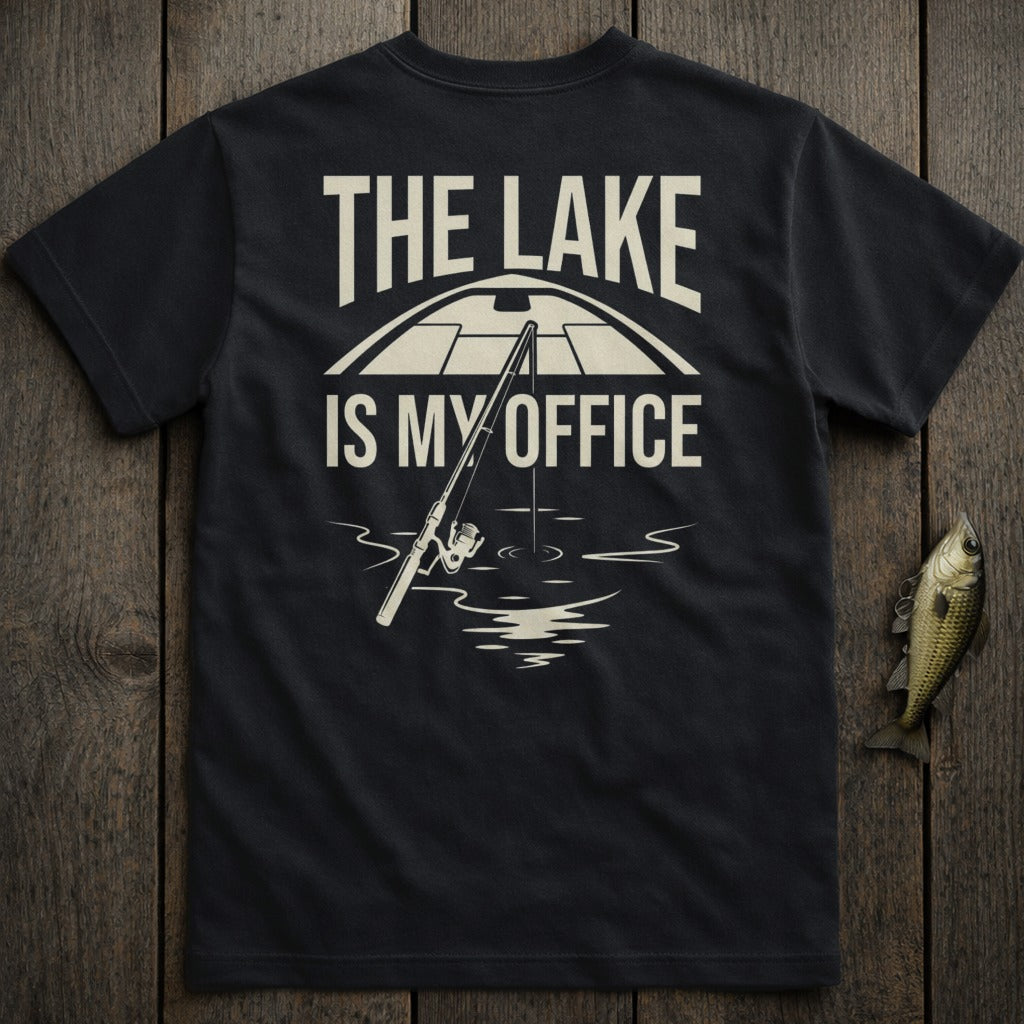 Black t-shirt with "THE LAKE IS MY OFFICE" text and fishing rod graphic.