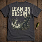 Man fishing, bass jumping, "LEAN ON BIGGINS" text.