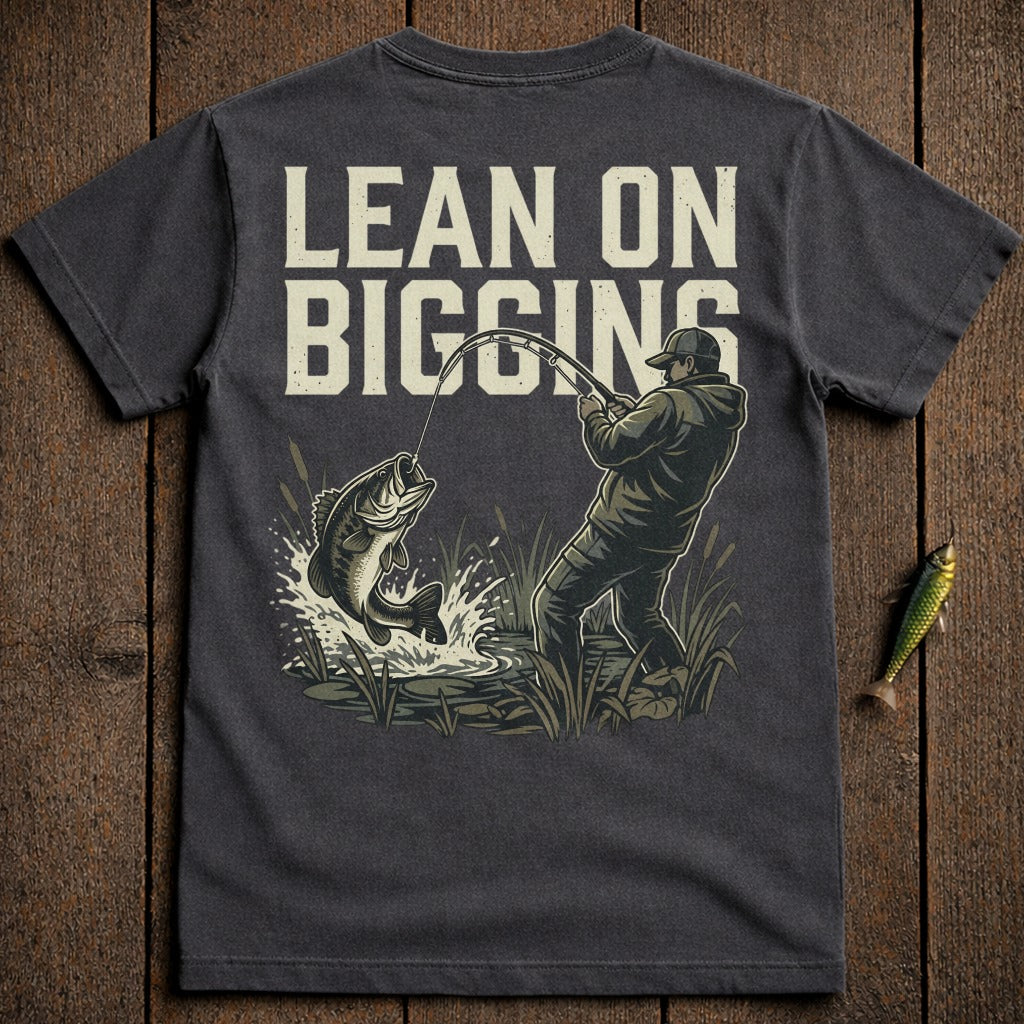 Man fishing, bass jumping, "LEAN ON BIGGINS" text.