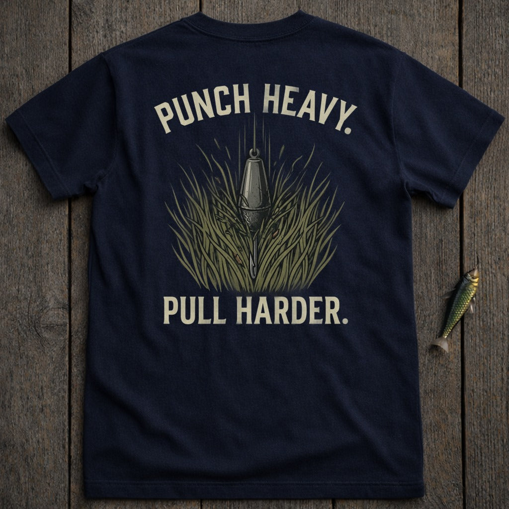 Navy t-shirt with "Punch Heavy. Pull Harder." text and fishing lure graphic.