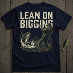 Navy t-shirt with "LEAN ON BIGGINS" text and illustration of a man fishing.