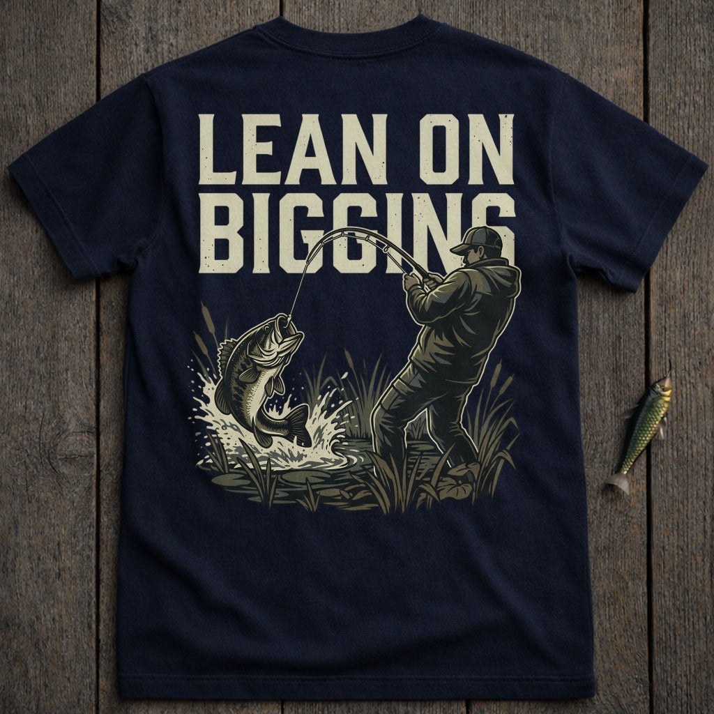 Navy t-shirt with "LEAN ON BIGGINS" text and illustration of a man fishing.